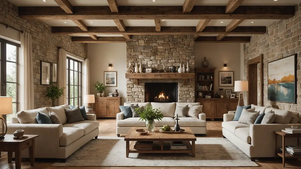 A cozy living room featuring both exposed beams and natural stone finishes