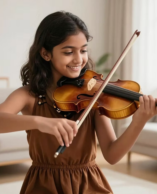 Student learning violin during a private in-home music lesson