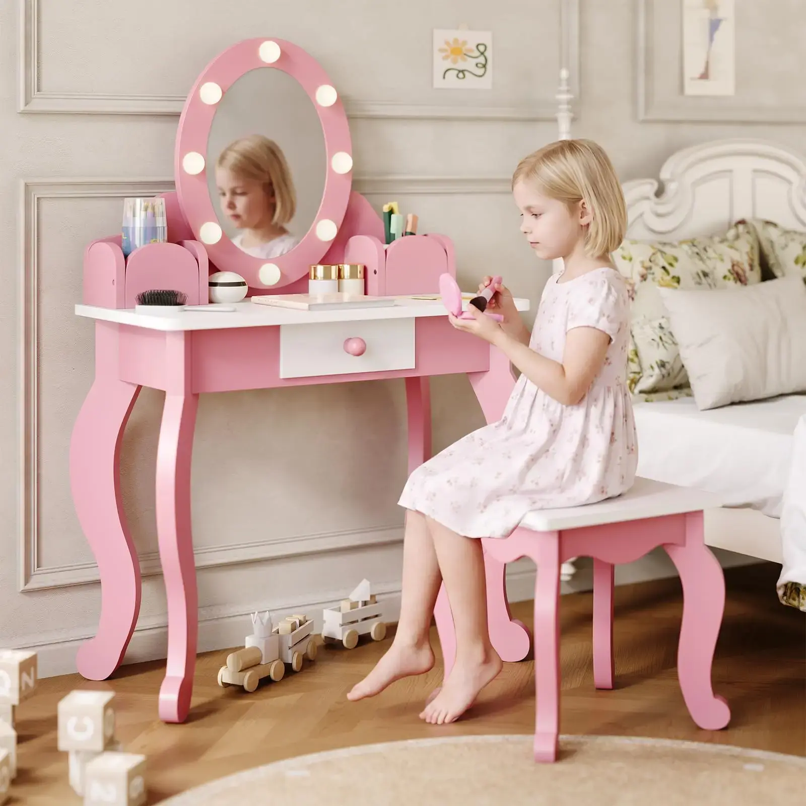 Kids Wooden Vanity Set With Lighted Mirror and Chair for Girls