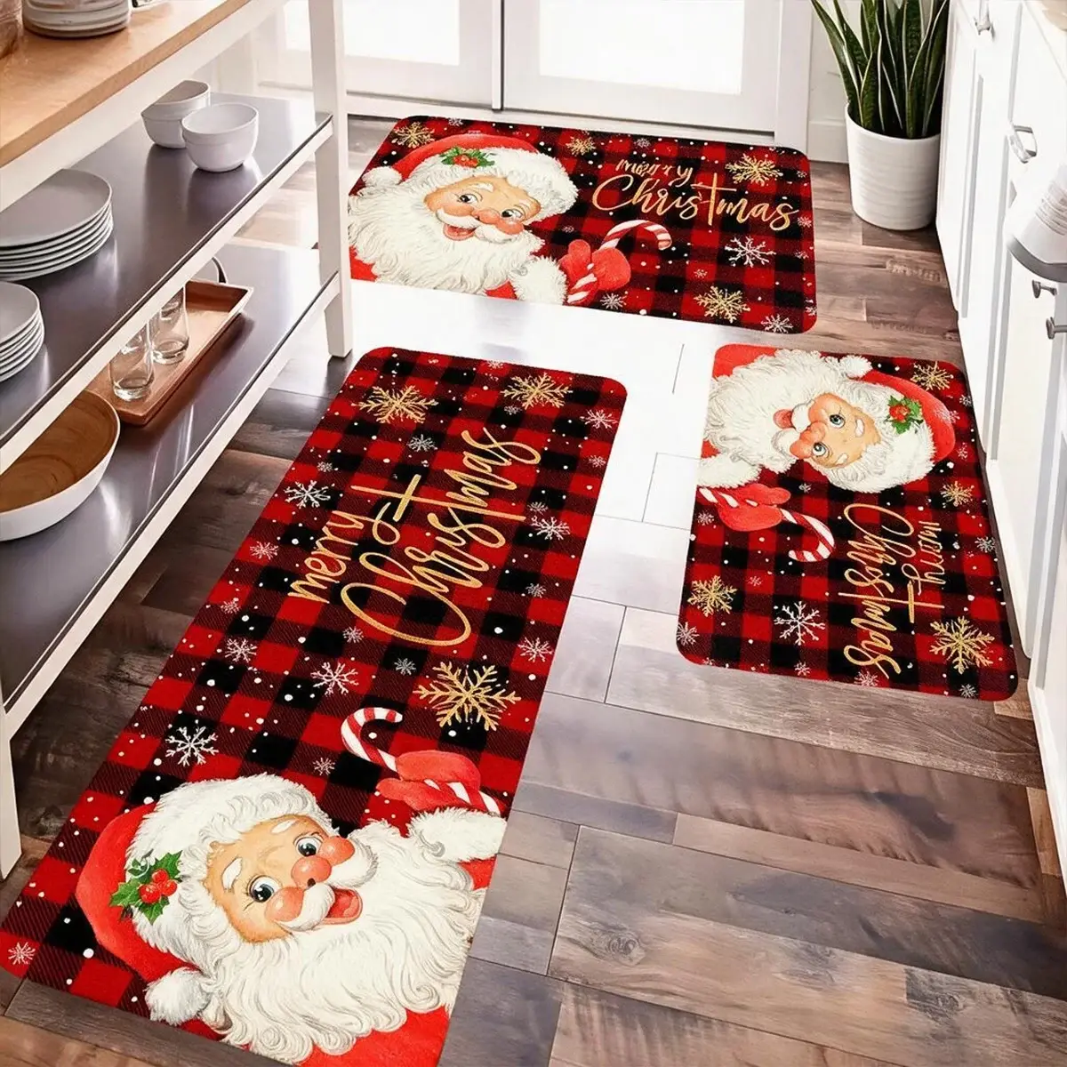 Christmas Kitchen Runner Flannel Plush Rug with Pinecone Pattern