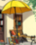a yellow umbrella, a few books and a bench in the corner.jpg