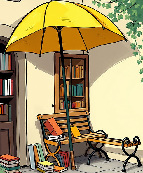a yellow umbrella, a few books and a bench in the corner.jpg