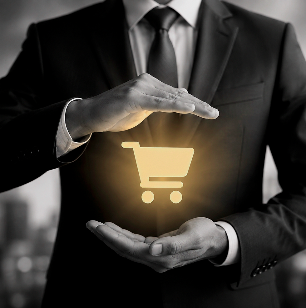 Símbolo de carrinho de compras em destaque, representando relações de consumo e proteção do consumidor.