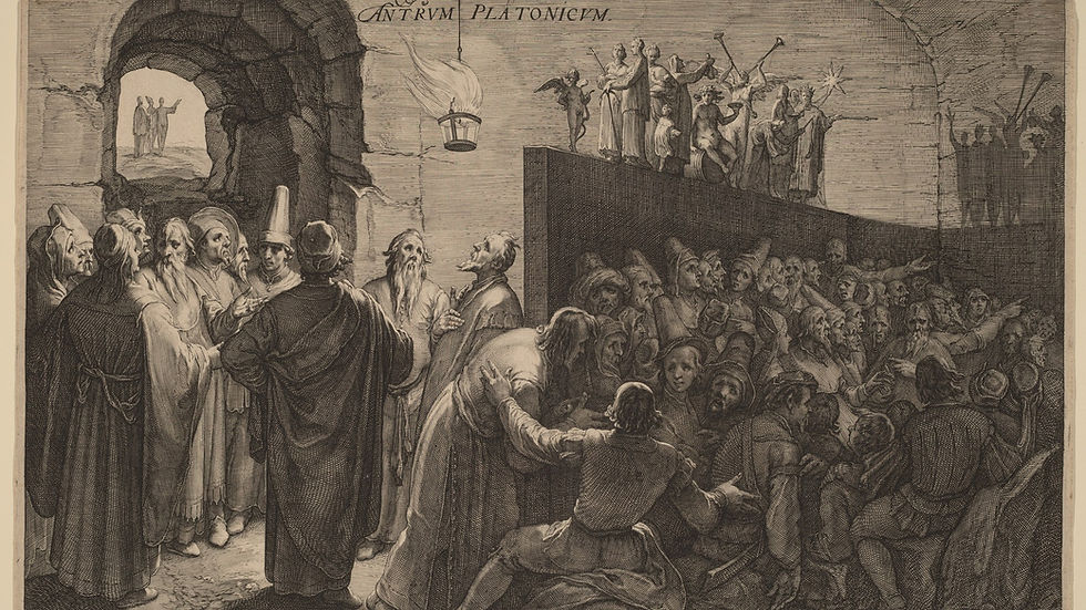 Jan Saenredam's 1604 engraving of Plato's Allegory of the Cave, showing prisoners watching shadows cast by a hanging flame