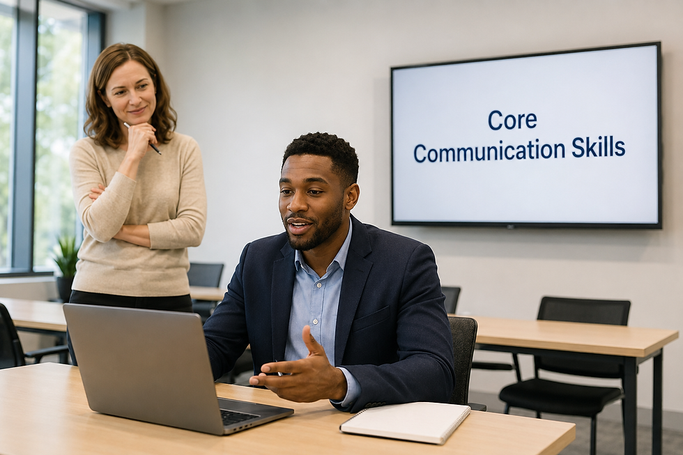Man presenting on laptop in a meeting room while a woman watches; screen reads Core Communication Skills.