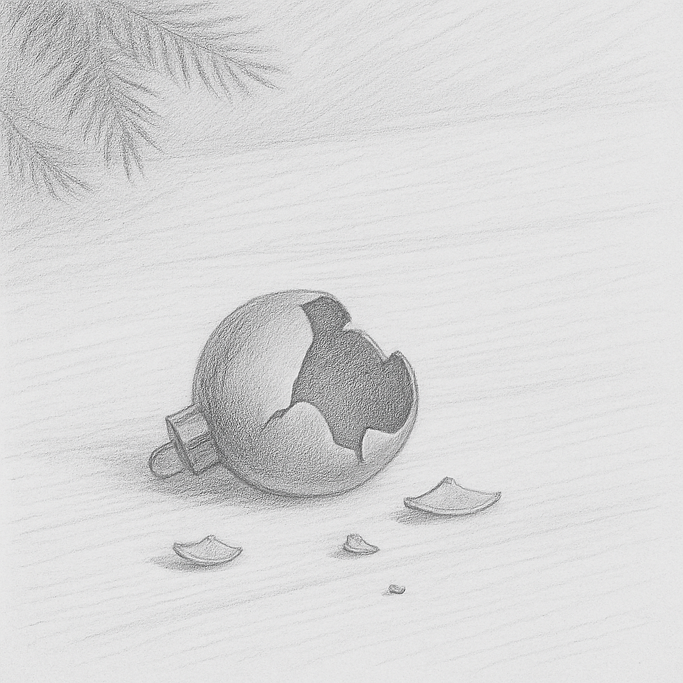 Black and white pencil sketch of a broken Christmas ornament under a pine branch, symbolizing the challenges of holidays with reactive attachment disorder and developmental trauma.