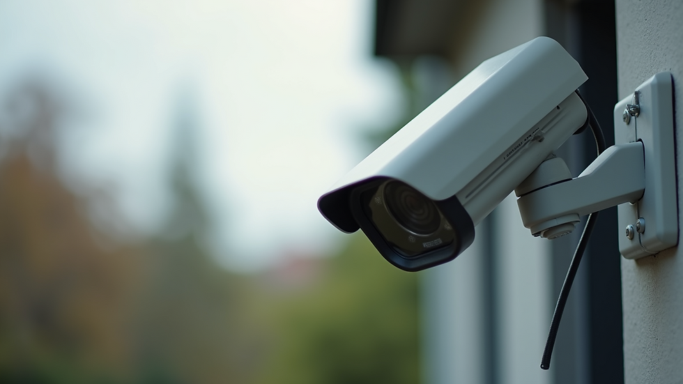High angle view of a security camera mounted outdoors