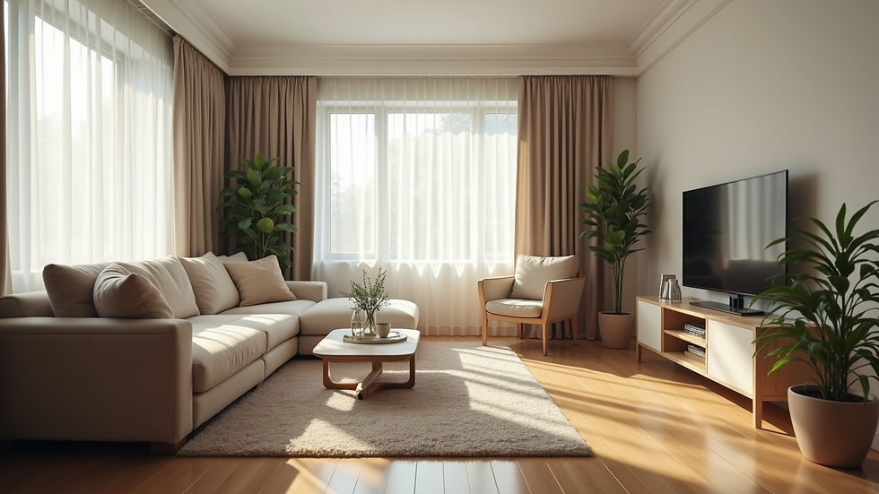 Close-up view of a clutter-free living room with clear walking paths