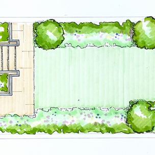 A hand drawn garden design plan of a back garden for a terraced house