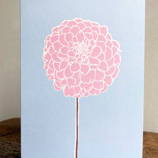 pale blue greeting card featuring contemporary pink Dahlia design