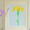 Thumbnail: Yellow iris silkscreen print featuring a yellow iris flower and green stem against a pale blue background, in a white frame