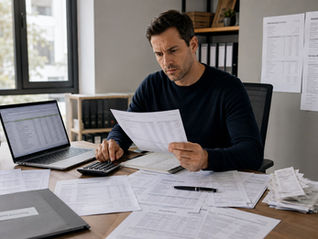 Property investor reviewing rental property financial documents at a desk with invoices, receipts, and reports, illustrating hidden property management fees affecting rental property profitability.