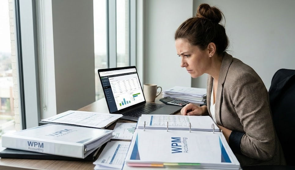 A professional female property manager sitting at her desk with a laptop showing QuickBooks on the screen