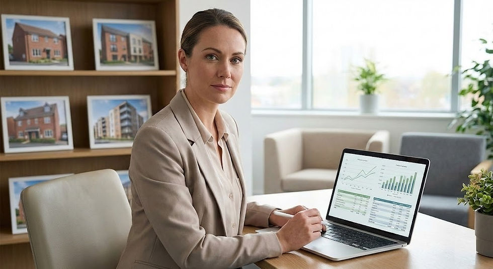 A female professional real estate property manager reviewing accounting reports on a laptop in a modern office.