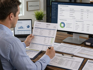 Property management accountant reviewing shared expenses and allocating costs across multiple properties