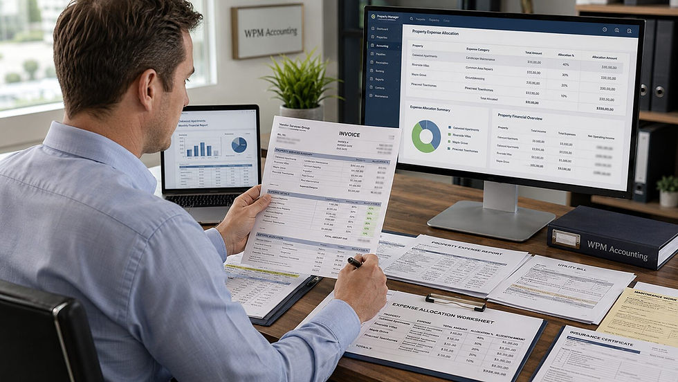 Property management accountant reviewing shared expenses and allocating costs across multiple properties