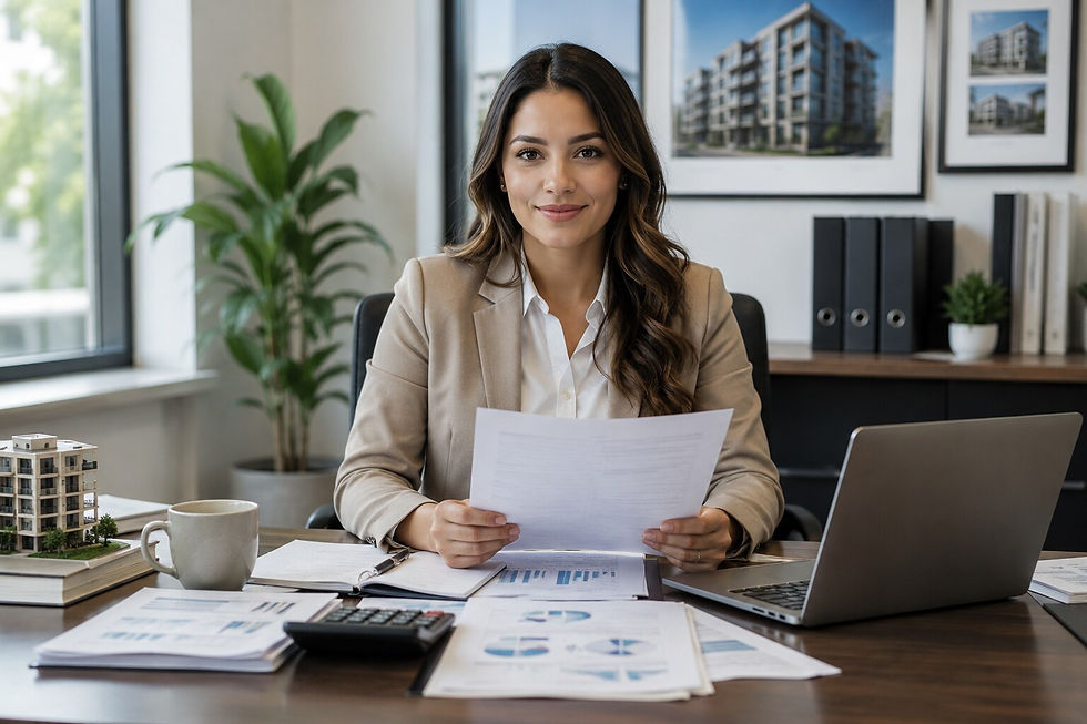 A young professional female property manager or property management accountant is seated comfortably at a contemporary executive desk with her body naturally facing the camera.