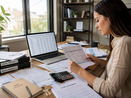 Property investor reviewing rental property financial reports and expense documents at a desk with laptop, calculator, and lease papers, with subtle WPM Accounting branding showing professional financial analysis of rental property profitability.