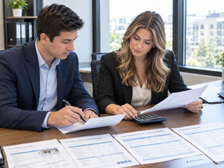 Property manager and accountant reviewing capital expenditure records for a property improvement project
