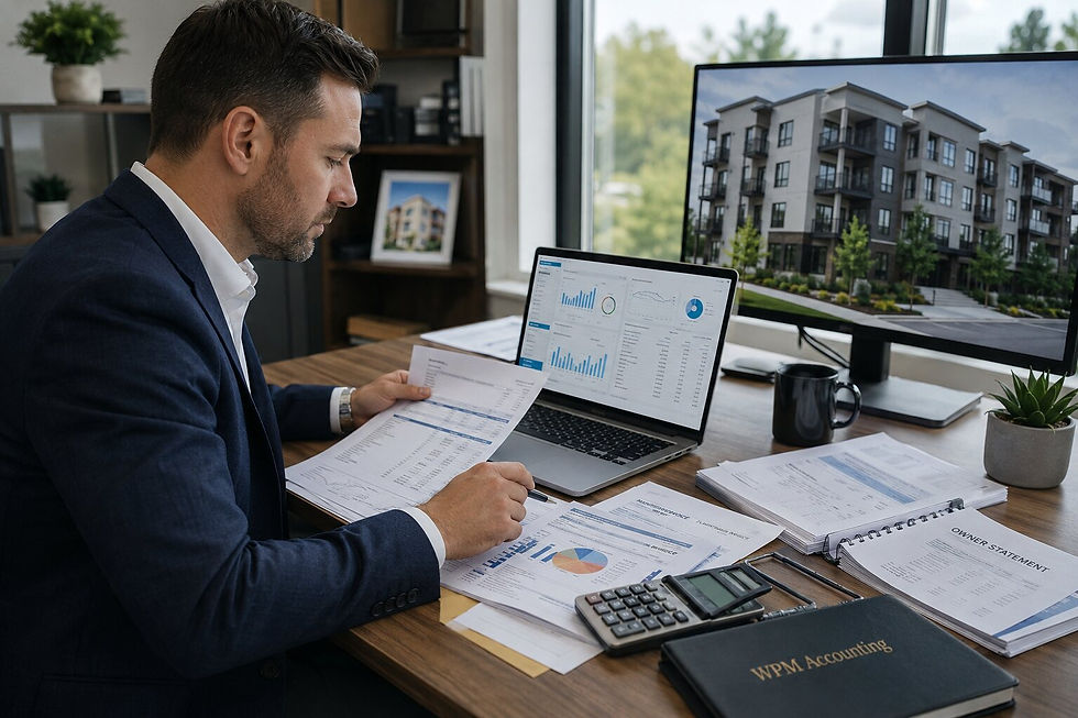 Property manager reviewing a property management profit and loss statement and financial reports to analyze rental property profitability.