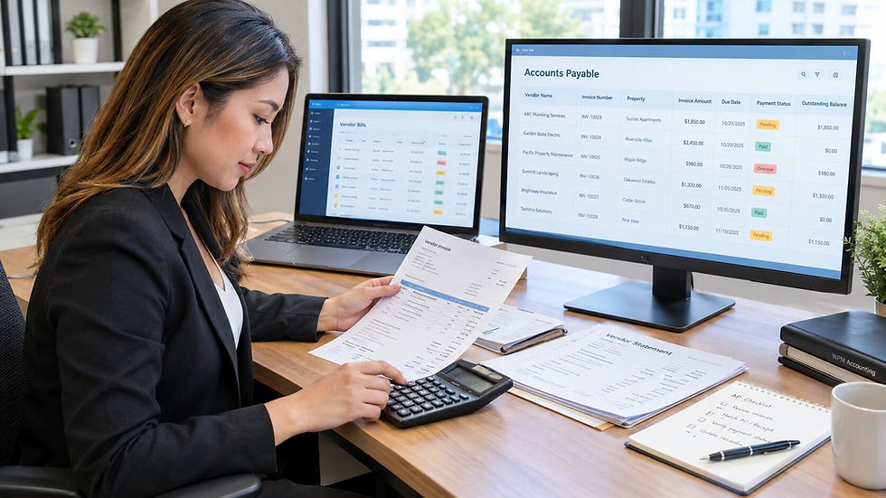 Property accountant reviewing vendor invoices and payment records while tracking outstanding bills in property management accounting software.