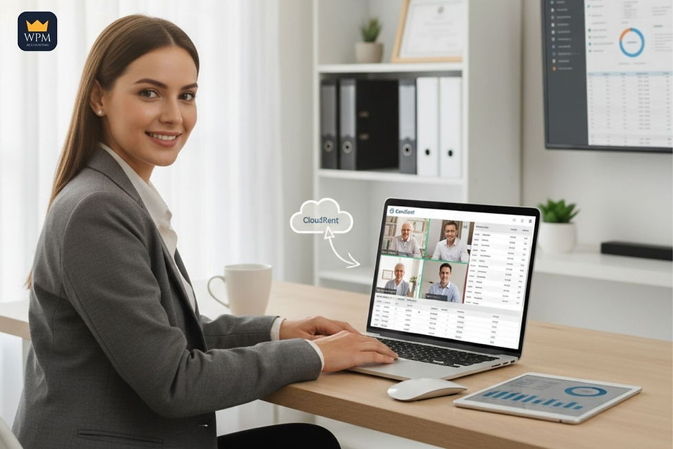 A professional virtual collaboration scene of a smiling white female landlord or property manager facing the front while working at her laptop screen