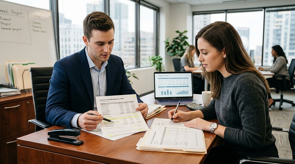 Property manager and accountant reviewing CAM expenses and tenant charges