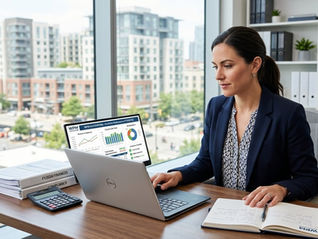 a female professional property manager or accountant reviewing property financial reports on a laptop 