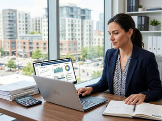 a female professional property manager or accountant reviewing property financial reports on a laptop 