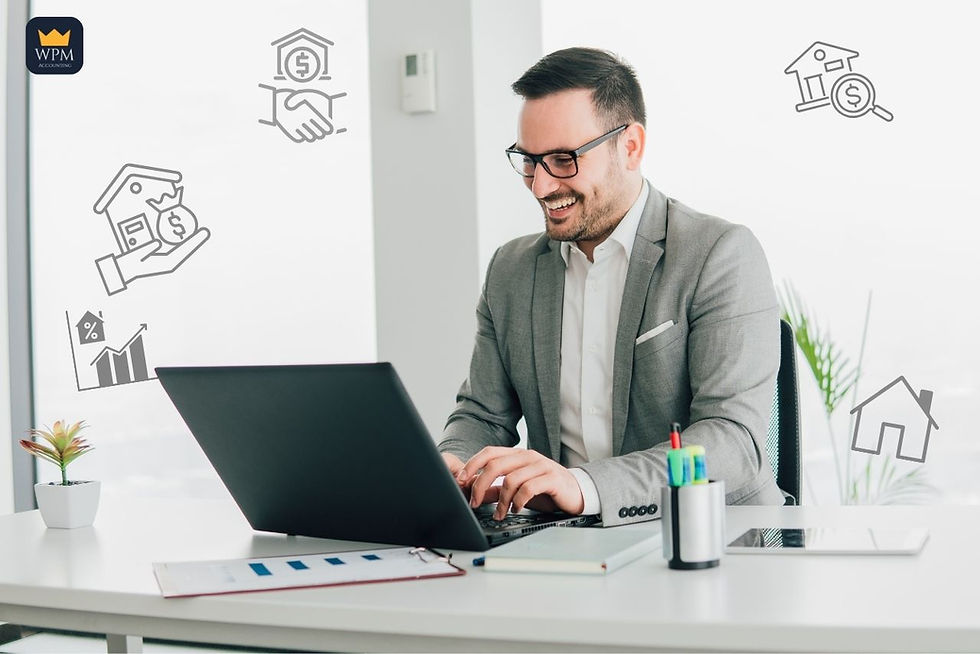 A property manager sits at a sleek desk with an open laptop
