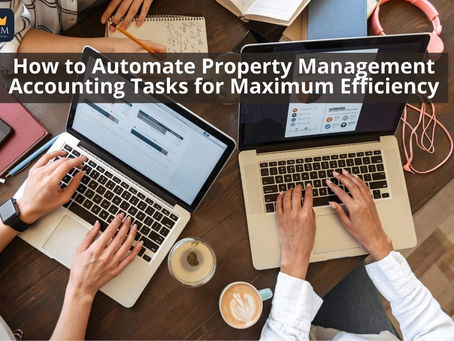 Two people using a laptop with property management accounting graphs and dashboards.