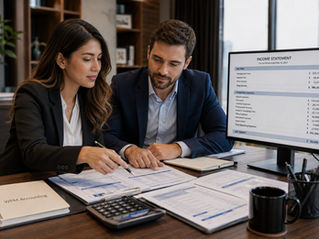 Property manager and accountant discussing a property management income statement showing income, expenses, and profit.
