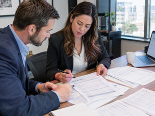Property managers reviewing a property management NOI report showing operating income, expenses, and net operating income