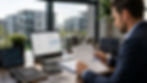 a property manager sitting at a modern office desk, reviewing property management financial reports on a laptop with a concerned and focused expression.