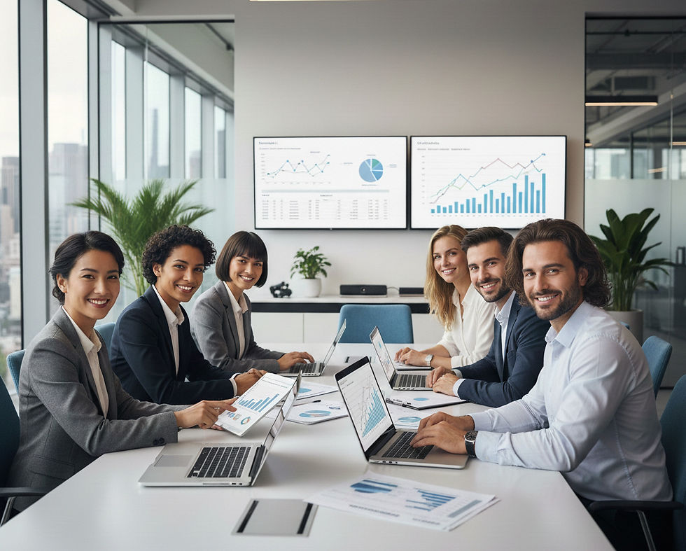 Property managers reviewing rental property performance charts and financial dashboards in a modern office.