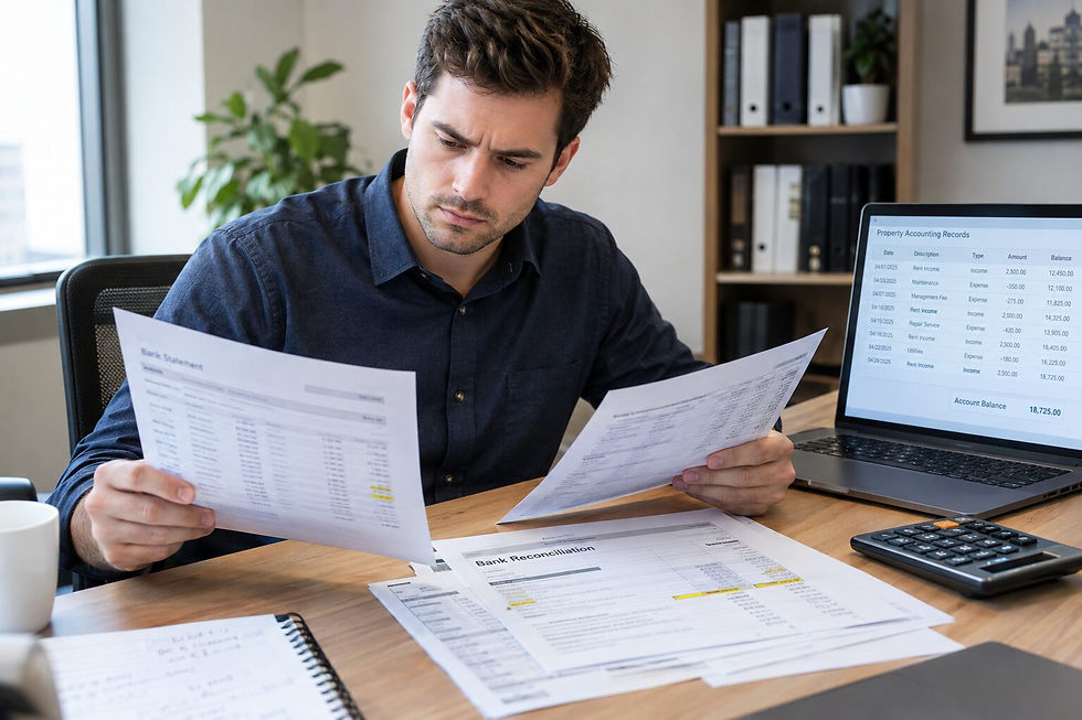 Young male property management accountant looking confused while reviewing bank reconciliation records.
