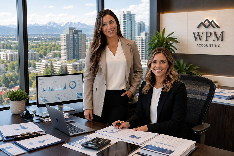 Property management accountant and client reviewing financial reports in a modern Alberta office.