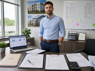 Professional property manager reviewing security deposit accounting records on a laptop in a clean office with financial documents, representing accurate property management accounting and tenant fund tracking.