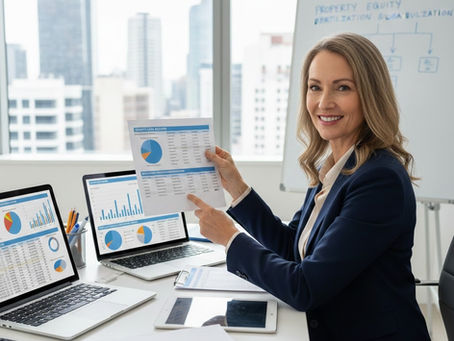 A professional real estate or investment property setting showing a landlord or property manager reviewing financial documents and charts. Include laptops, spreadsheets, or tablets displaying graphs and numbers.