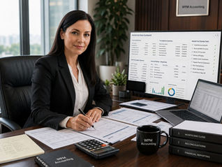 Property management accountant reviewing closing entries and month end financial reports to ensure accurate financial reporting in a modern accounting office.