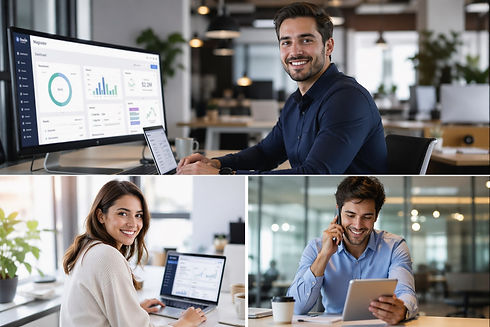 Three split frame showing young property management professionals working, one man smiling at a computer, one woman smiling with a laptop, and another man answering a phone call in an office setting.