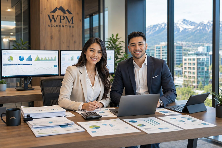Property management accounting professionals reviewing financial reports in a modern Alberta office.