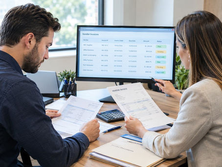 Property manager and accountant reviewing vendor invoices and payment records for property management accounts payable.
