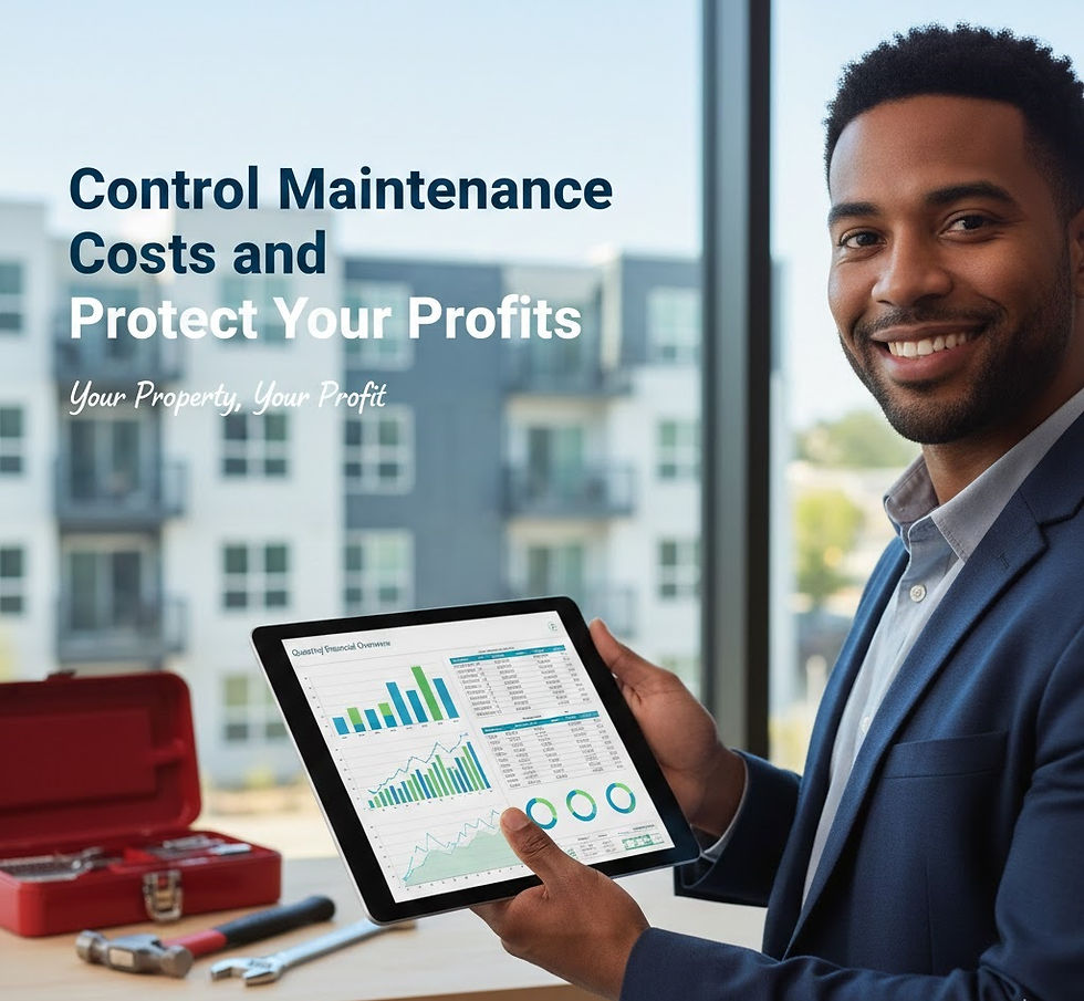 Property manager reviewing financial reports with maintenance tools in background to control costs.