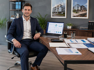 Property manager reviewing AppFolio financial reports and owner statements with WPM Accounting branding in a professional office setting
