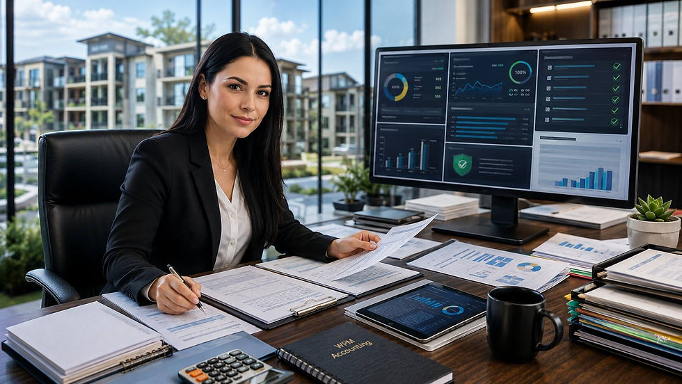 Female property management accountant reviewing a balance sheet and financial reports to understand the company's financial position.