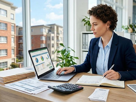 A female professional, clean office setting showing a property manager or accountant reviewing expense reports for multiple properties.