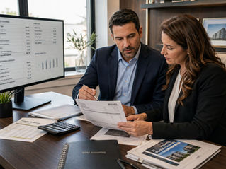 Property manager and accountant reviewing unpaid expenses and accrued liabilities for accurate property management accounting.