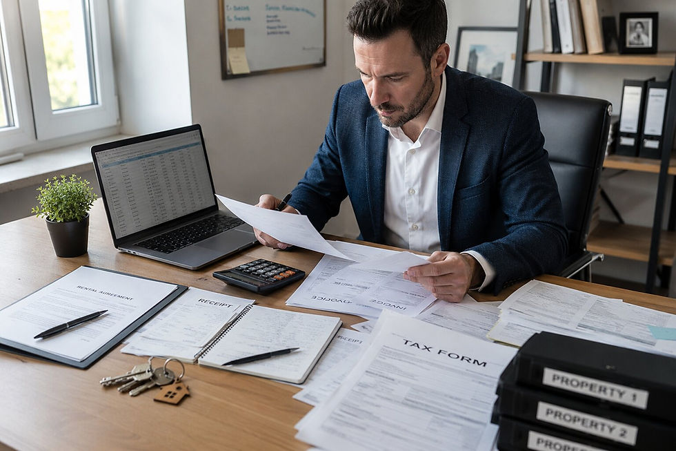 Property manager reviewing tax documents and financial records at a desk with receipts, invoices, and a laptop showing accounting work for independent contractor taxes.