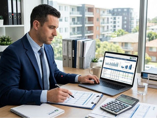 A male professional property manager reviewing trust account financial reports in a modern office, with a laptop displaying charts, spreadsheets, and reconciliation reports.